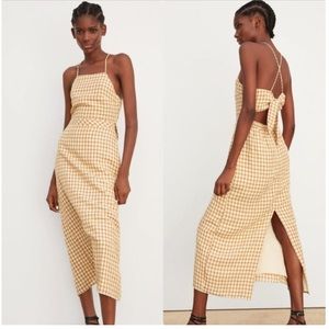 ZARA Brown Plaid Checkered Bow Tie Casual Maxi Dress